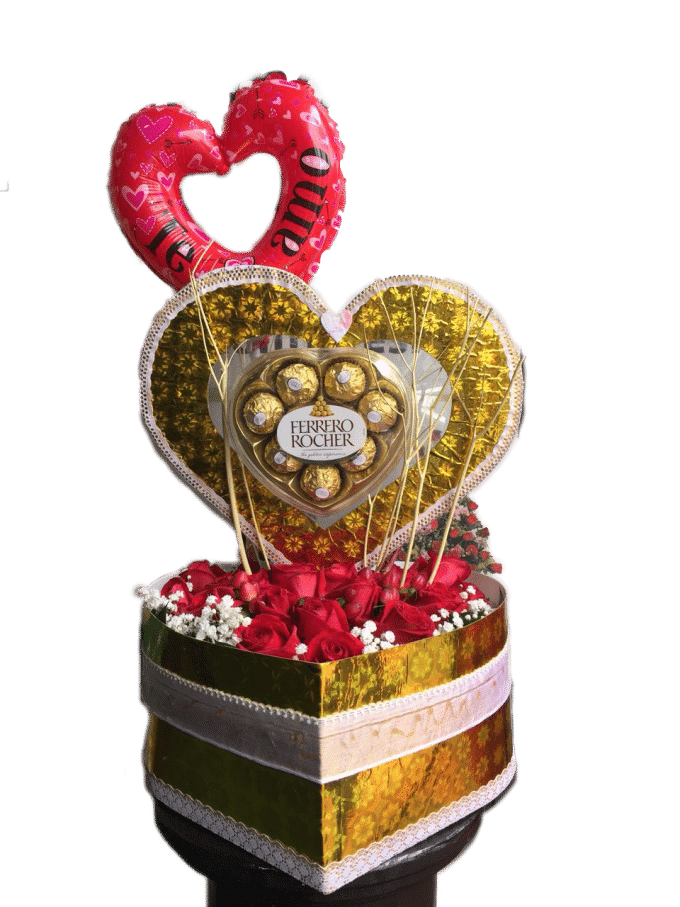 Caja de rosas rojas, acompañadas de corazón en globo y chocolates en Bogotá