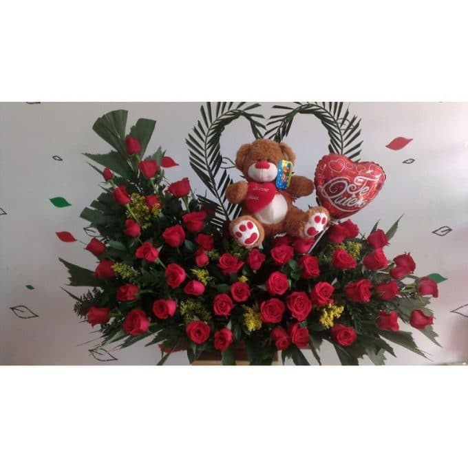 Regalo de rosas rojo para enamorados, peluche y globos en forma de corazón